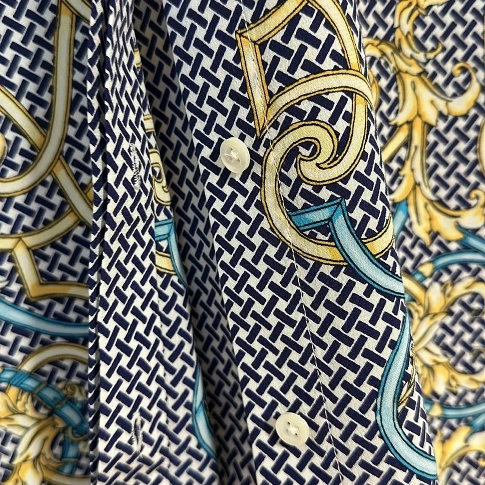 J. McLaughlin Derby print equestrian gold chain 100% silk button down blouse